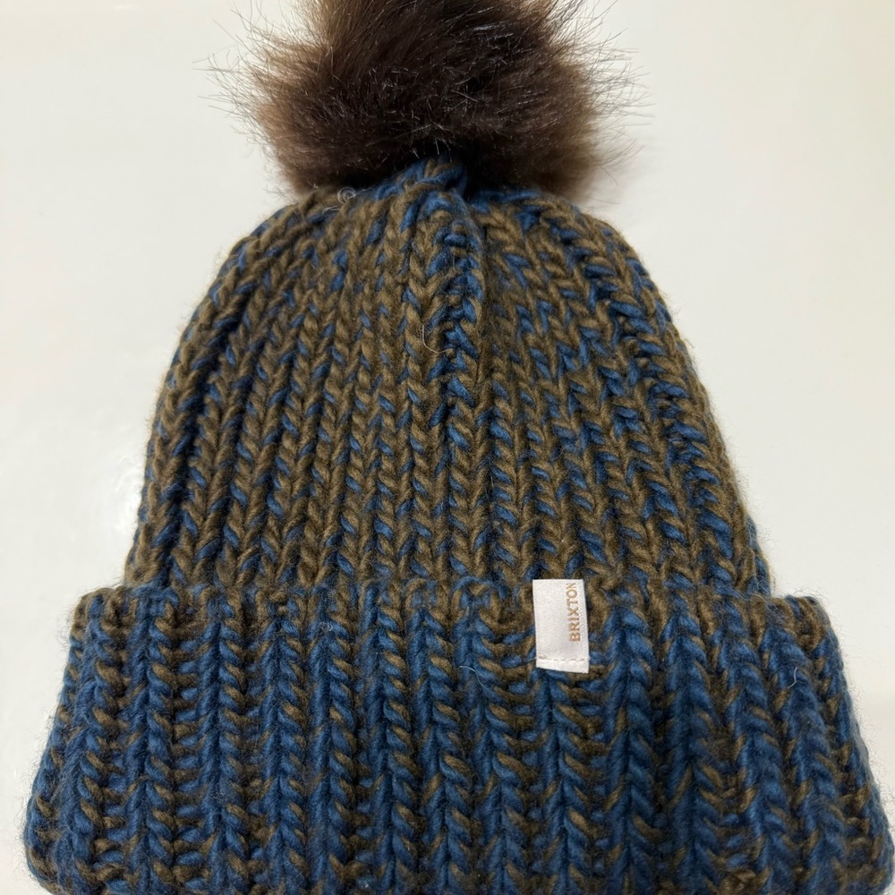 Brixton Blue and Brown Knit Hat with Pom Pom